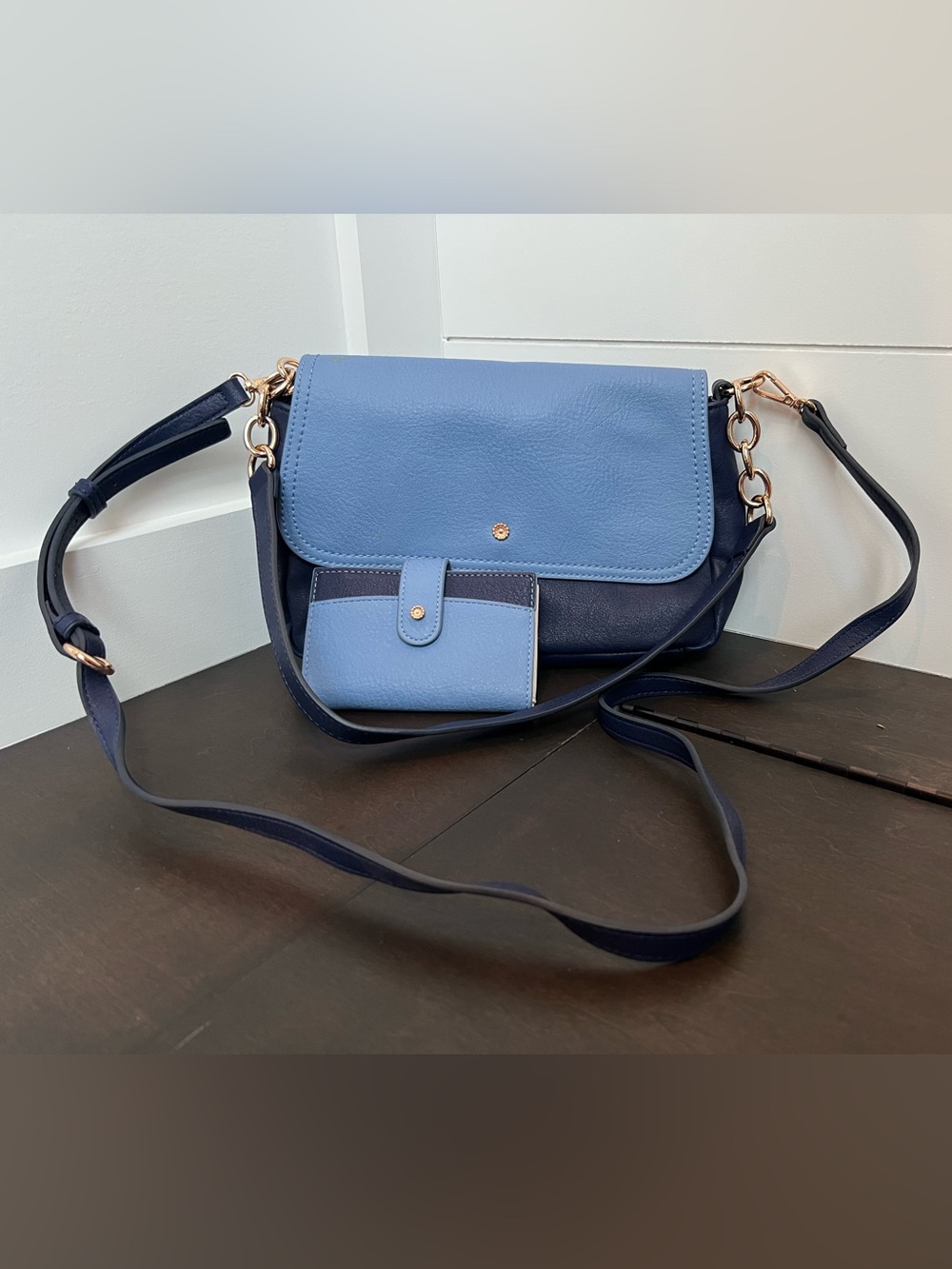 LC Lauren Conrad Two-Tone Light Blue and Navy Crossbody with Card Wallet